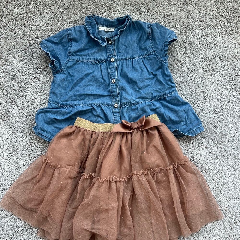 Blue Denim Top and Brown Tulle Skirt Set